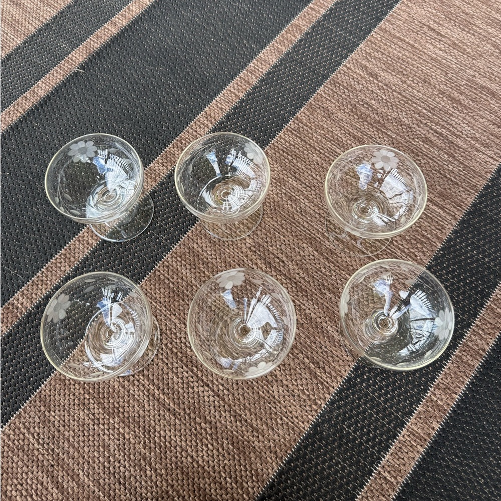 Set of 6 Vintage Etched Glass Footed Coupe or Dessert Bowls